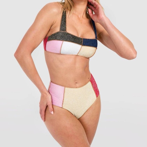Other - Lumiere Glitter Sparkle Lurex Patchwork Color Block Bikini Set Swimsuit Medium